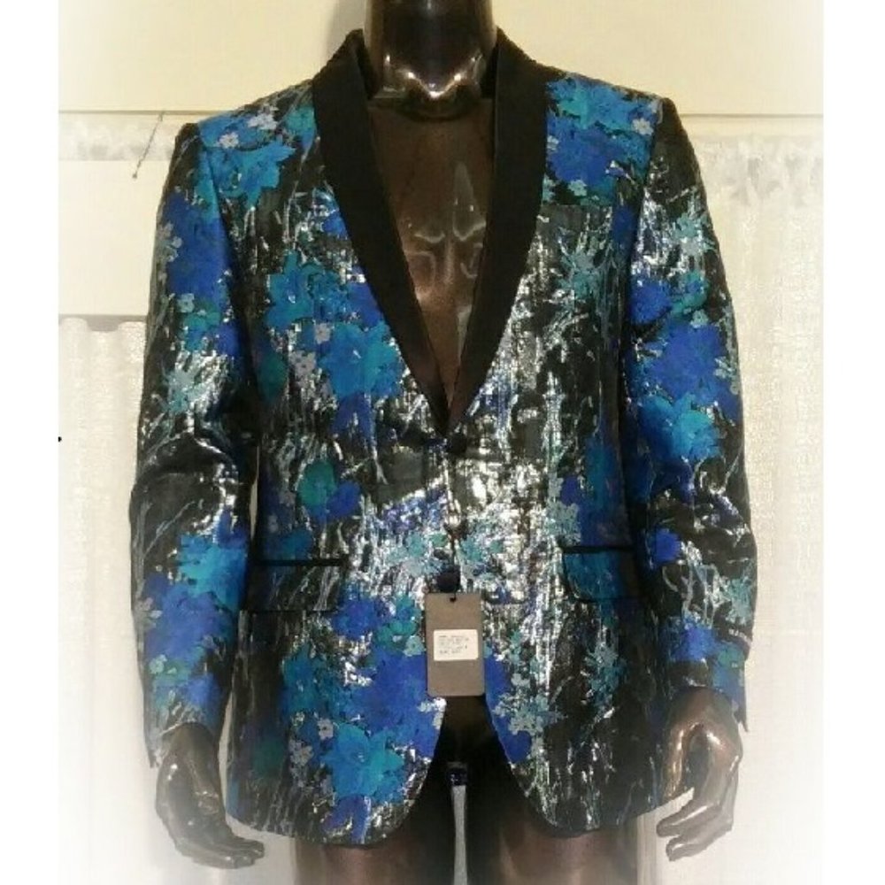 🆕 JACQUARD FLORAL PATTERN DINNER JACKET/BLAZER - BLUE/SILVER/BLACK - SLIM FIT